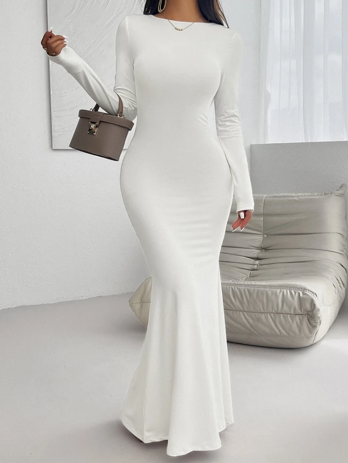 Women's Sexy Slim Round Neck Backless High Waist Dress Temperament Commuting Women Elegant Hip Wrap Skinny Prom Party Dresses