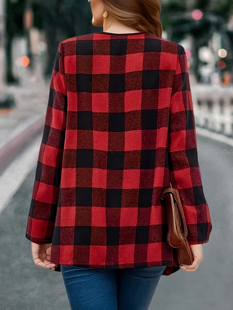 Latest Women's Plus Size Plaid Printed Open Front Coat  Women's Fashionable Plus Size Plaid Cardigan