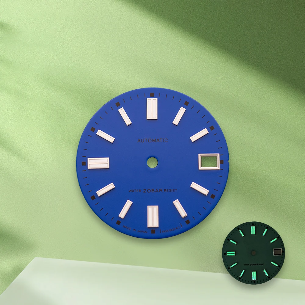 28,5 mm S-Logo, mattes Zifferblatt, keine Zeiger, passend für NH35/NH36/4R/7S, japanisches Uhrwerk, grün leuchtendes, seeblaues Uhrenmodifikationszubehör
