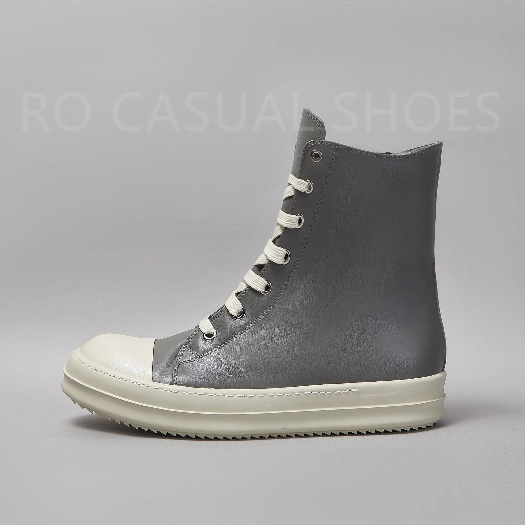 

Ricks Genious Grey Leather High Top Owens Quality Men Shoe Women Sneaker Casual Lace Up Zipper Owens Design boots & Shoes