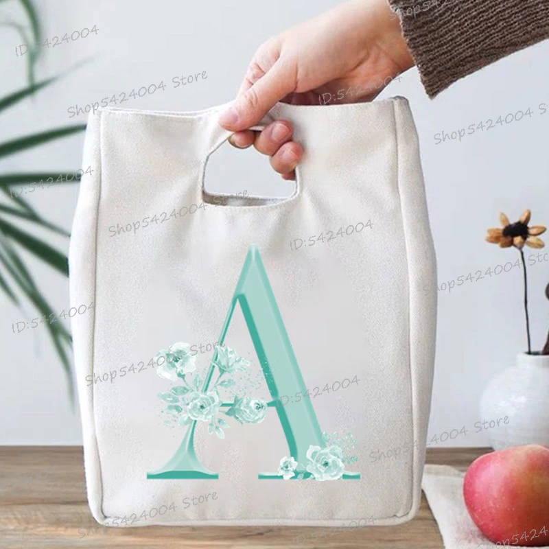 Student School Lunch Bags Letter K Floral Monogram Fashion Print Portable Bento Bags Girls Boys 26 Initials Flowers Food Bags