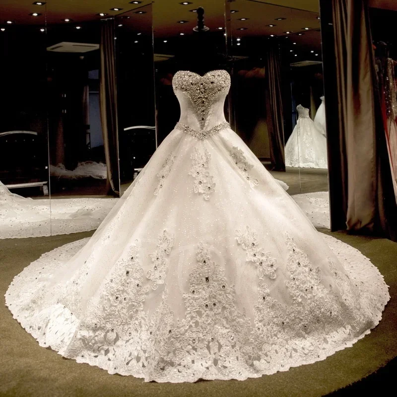 Customized Sparkly Sweetheart Customized Full Beaded Crystals Puffy Ballgown Chathedral Train Lace Appliques Wedding Dresses