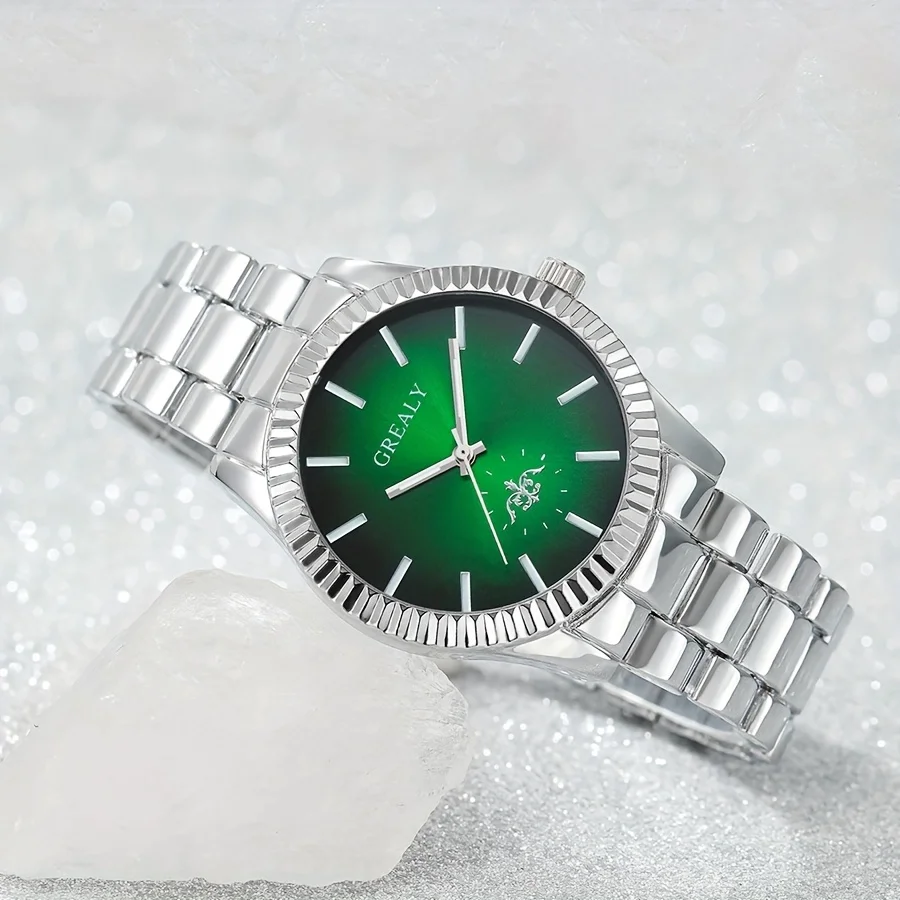 1pc Men\'s Stainless Steel Strap Charming Decorative Round Green Dial Quartz Watch And 1pc Bracelet