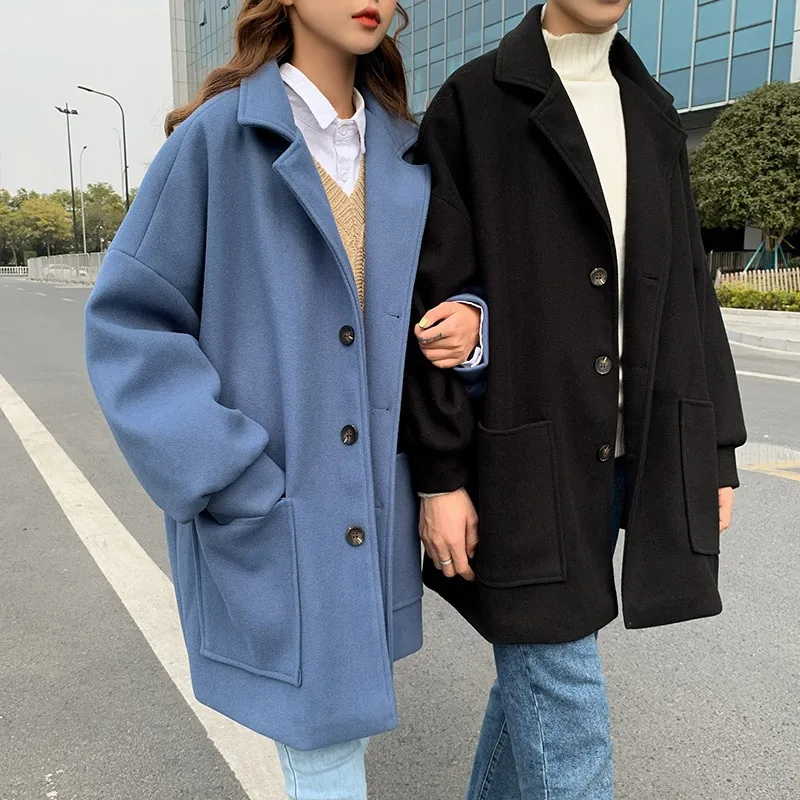 Korean Style Fashion Medium To Long Woolen Coat for Men Autumn Winter Solid Loose Casual Couple Windbreaker Y2k Streetwear