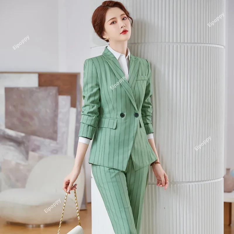 2024 New Women's Pink Gray Green Striped Pant Suit, Classic Slim Two-Piece Set with Blazer for Office Formal Business Wear