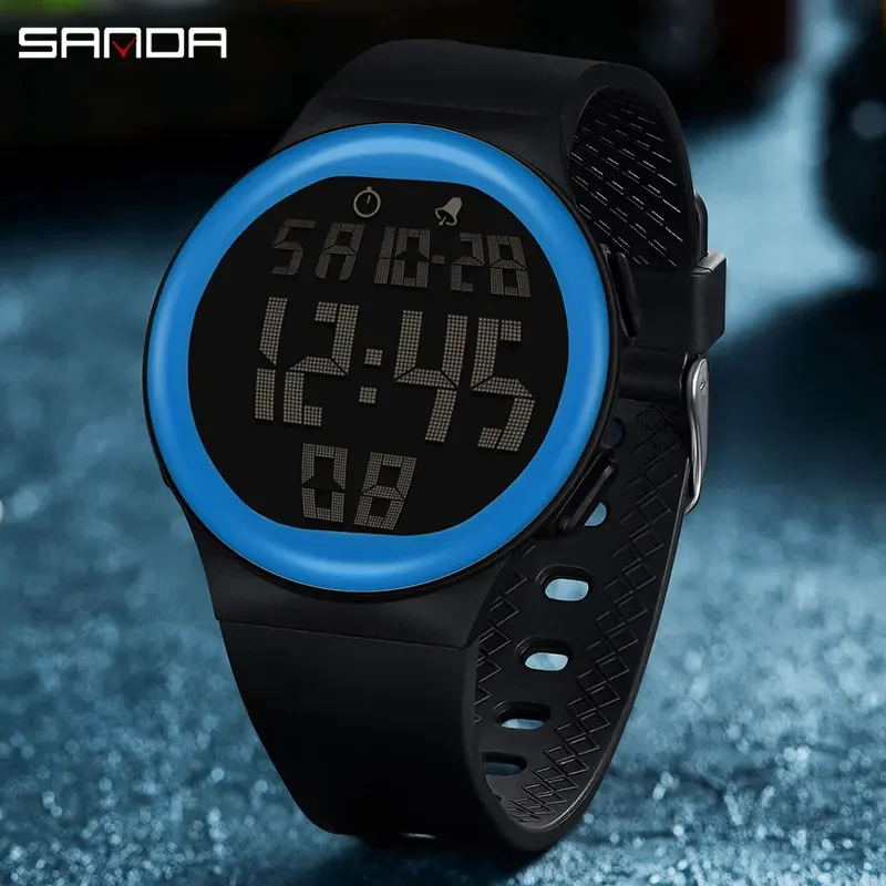 SANDA Trendy Fashion Men Electron Watch Soft TPU Strap Big Screen LED Digital Water Resistant Alarm Hand Clock Sports Stop Watch