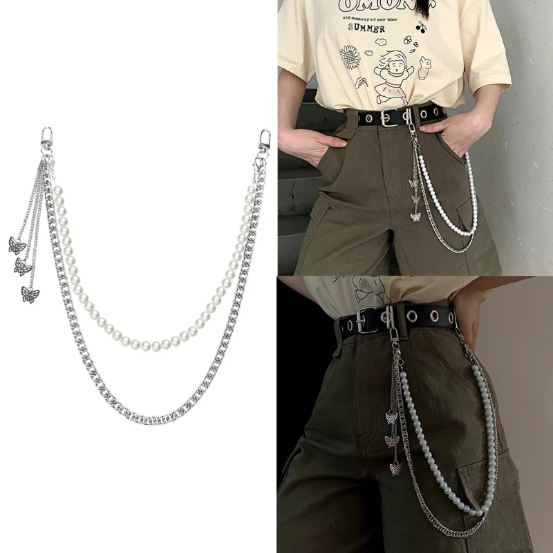 Grommet Belt with Detachable Chain for Men and Women Prong Belt Punk Rock Belt for Jeans Pants Pearl Bead for Butterfly