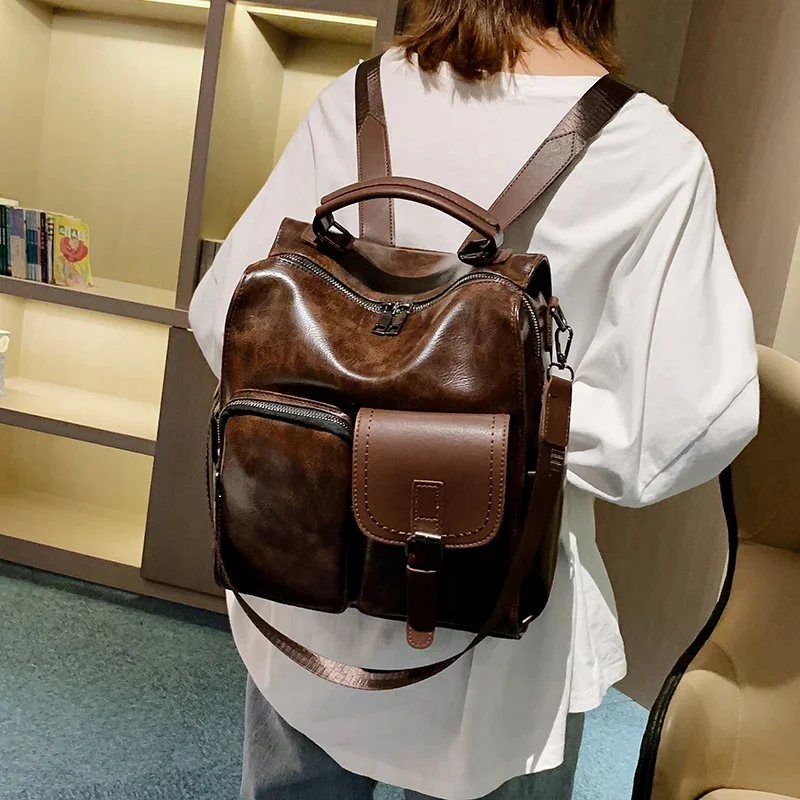 Preppy Large Capacity Leather Women Backpack Fashion School Bag Backpacks for Teenage Gilrs Vintage Shoulder Bags Female Mochila