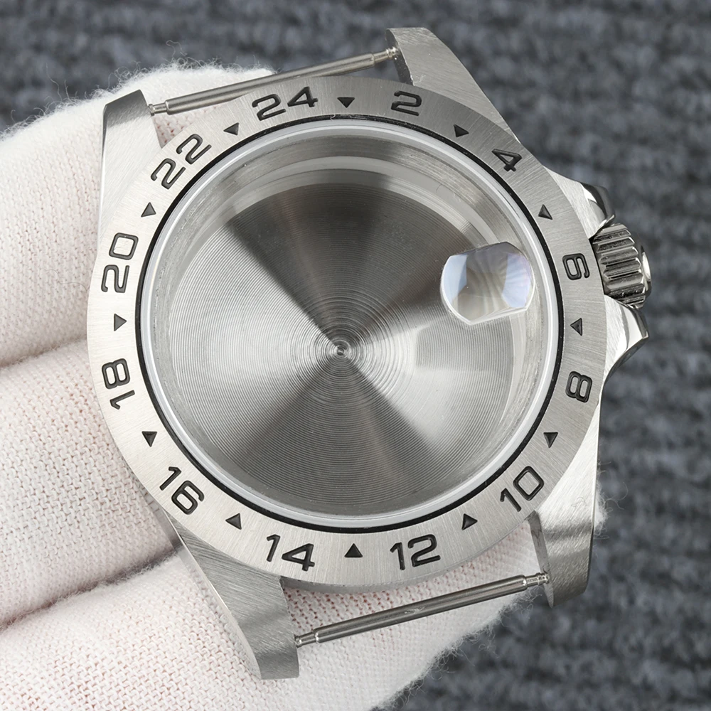 Silver NH35 Fit Explorer 39mm Case 24 Hour Solid Steel Bezel Sapphire Glass Watch Case for GMT NH35 NH36 NH38 NH34 Movement