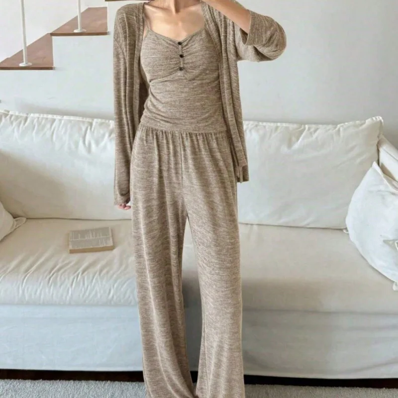 Sexy Women Autumn Winter Sleepwear Pajamas Set 3Pcs Satin Straps&pants&coat Home Wear Casual Outdoors V Neck Home Clothes