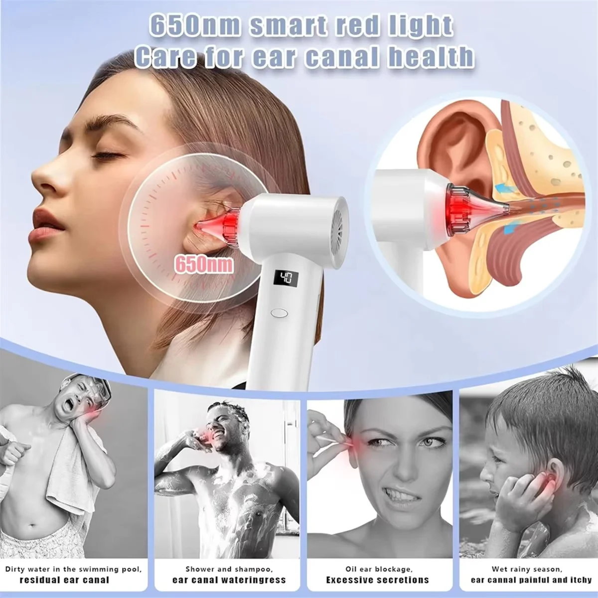 Electric Ear Dryer Water Remover 650nm Red Light Therapy Device Ear Fluid Drier Protection Care for Swimmers for Otitis Media