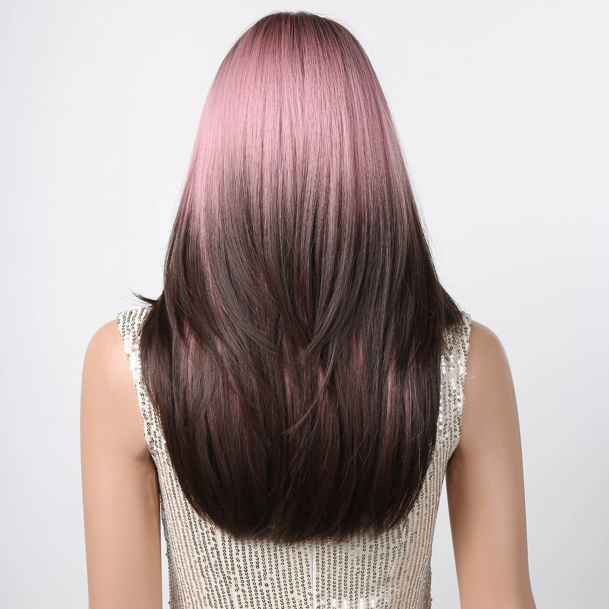 Long Layered Ombre Pink Brown Synthetic Women Wig Long Straight Cosplay Daily Woman Korean Natural Fake Hair Wigs with Bangs
