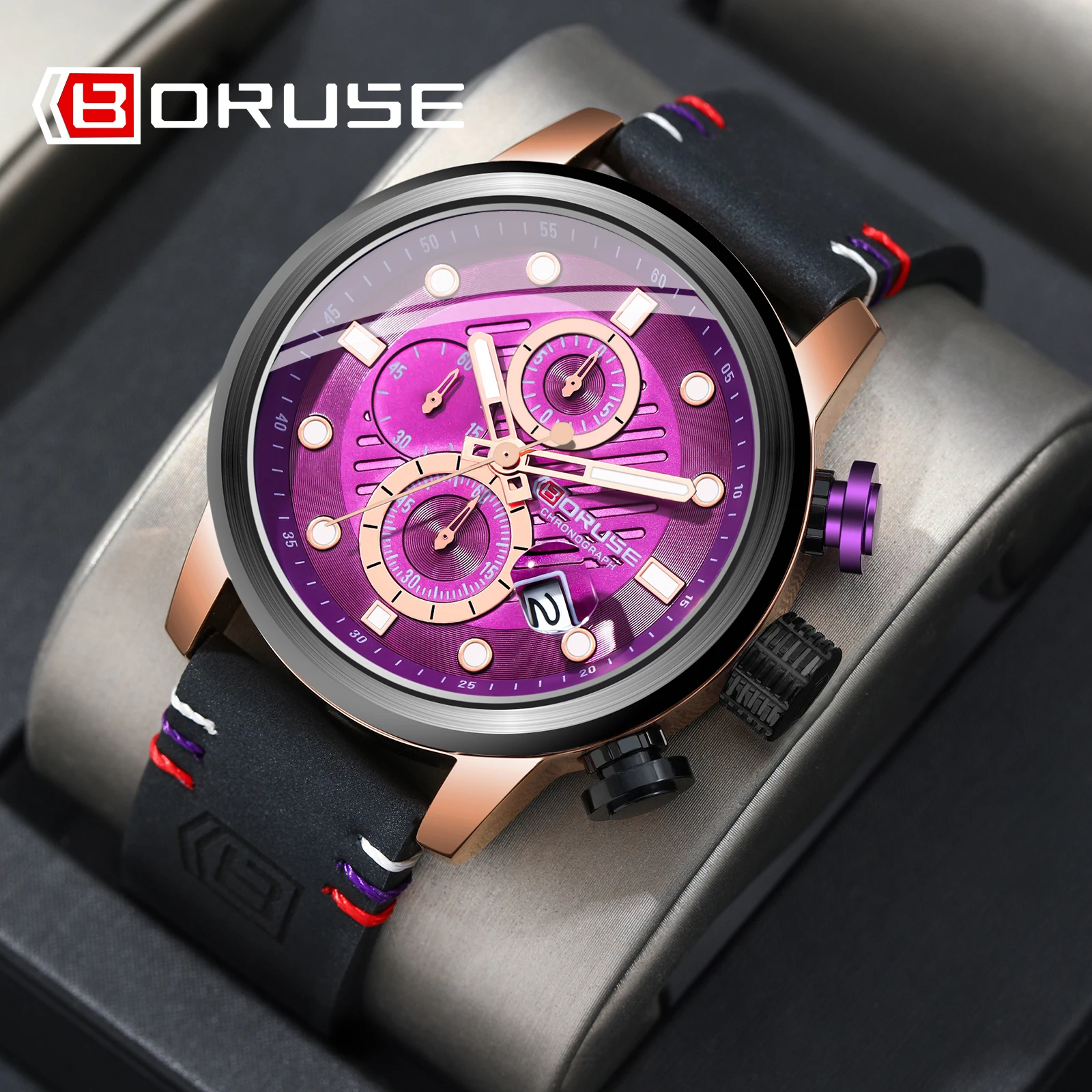 

Мужские часы BORUSE, 2 шт./компл., модные повседневные мужские часы, комплект ожерелья, большая круглая пластина, ремешок из искусственной кожи, идеальный подарок для мужчин