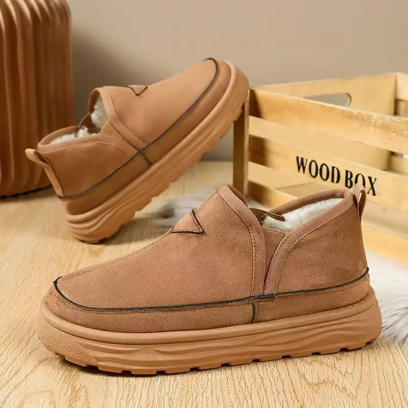

Winter New Men Leather Low Top Flat Sole Snow Boots Thick Sole Non Slip Round Toe Thicken Plush Keep Warm Slip On Cotton Shoes