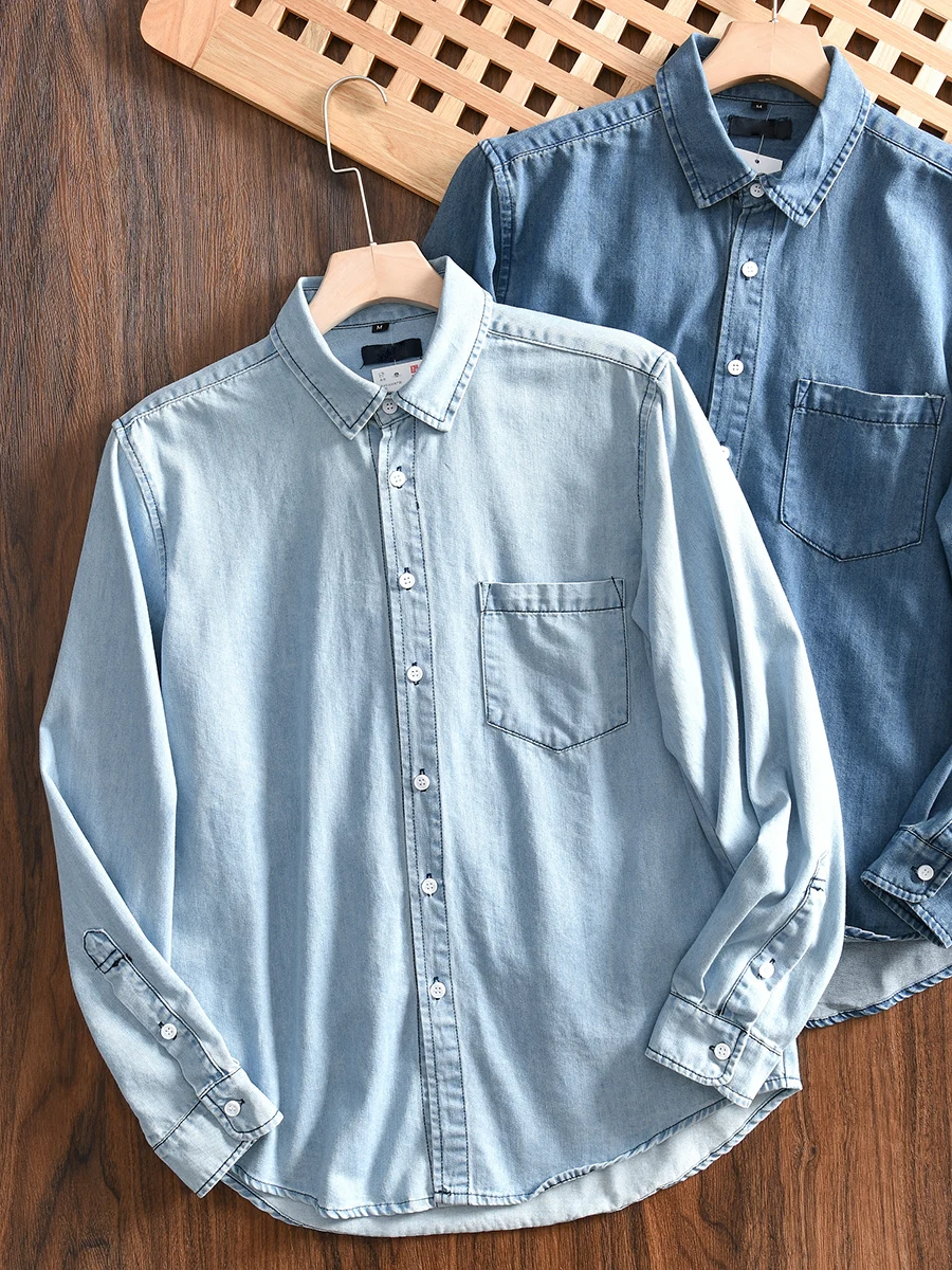

Men's Cotton Denim Long Sleeve Shirt Washed Casual Autumn Fashion Urban Style Standard Fit Button Detail Daily Wear Pure Color