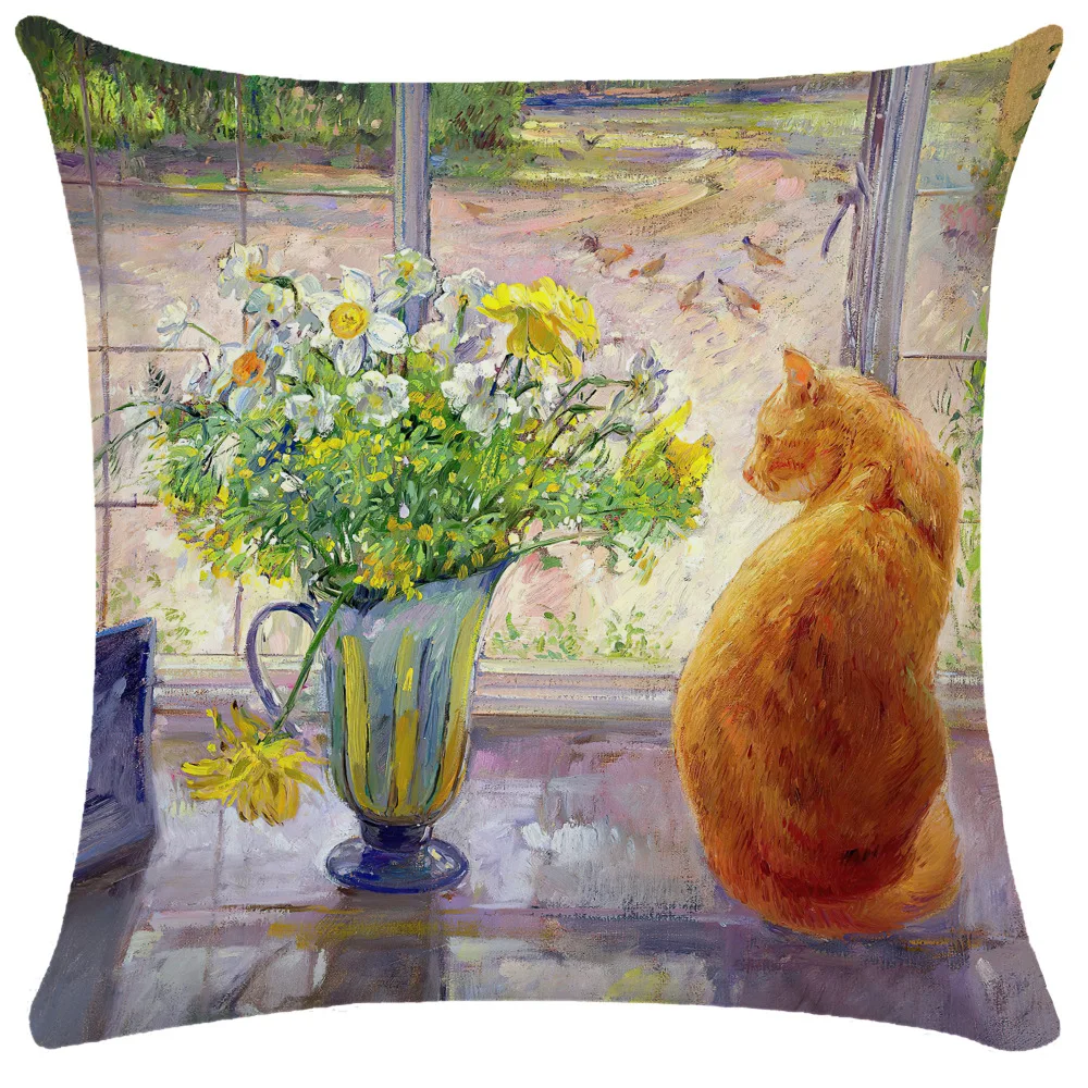 

Vintage Oil Painting Cute Cat Pillow Case Home Decor Living Room Sofa Office Throw Pillow Cover Home Decoration Modern 18x18 In