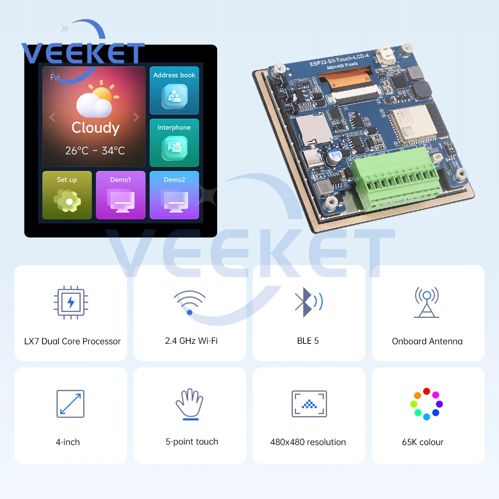 DC7-36V ESP32-S3 WiFi บลูทูธบอร์ดพัฒนา 4 นิ้ว LCD หน้าจอสัมผัสแบบ Capacitive 32-bit LX7 2Core โปรเซสเซอร์ Type-C 480X480