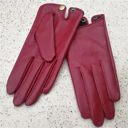 Women's 100% Real Leather Sheep Skin shrink Wrist Black Unlined Police Tactical Short GLOVES Wrist button gloves