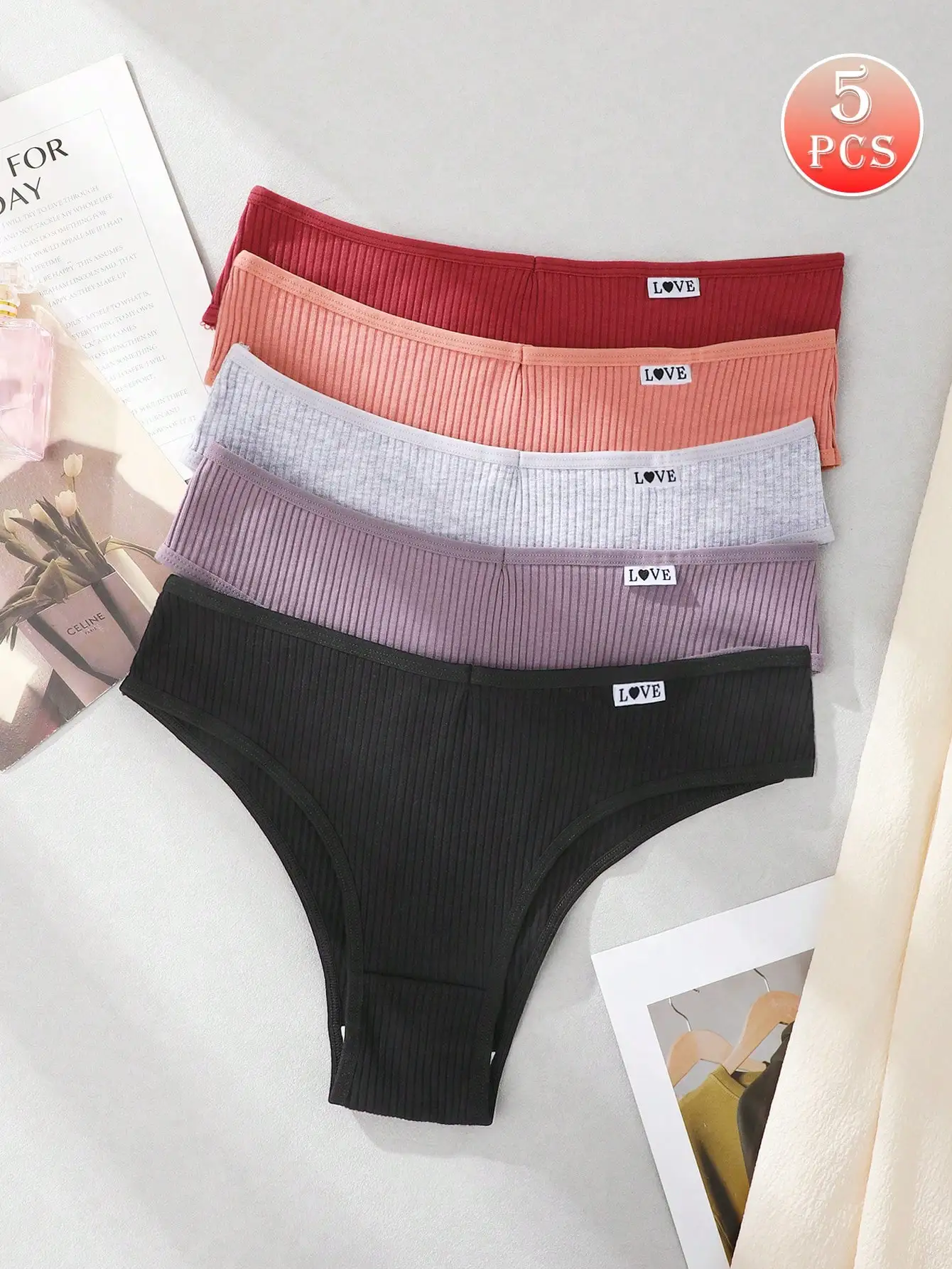 5 Stück/Packung Damen-Slips mit niedrigem Bund, niedriger Taille, niedlichem Aufdruck und Buchstaben-Design, hochelastisch – Detail 5