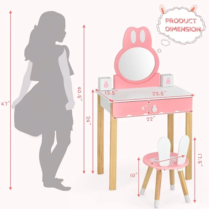 Kids 2 in 1 Princess Makeup Dressing Table,Chair, Drawer & Solid Wood Legs, Pretend Play Vanity Set for Little Girls