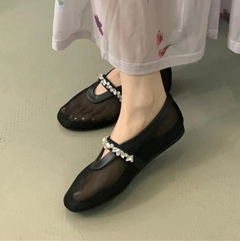 Round Toe Rhinestone Decor Mary Jane Shoes Women Mesh Breathable Ballet Shoes Spring Autumn Vacation Flat Bottom Single Shoes