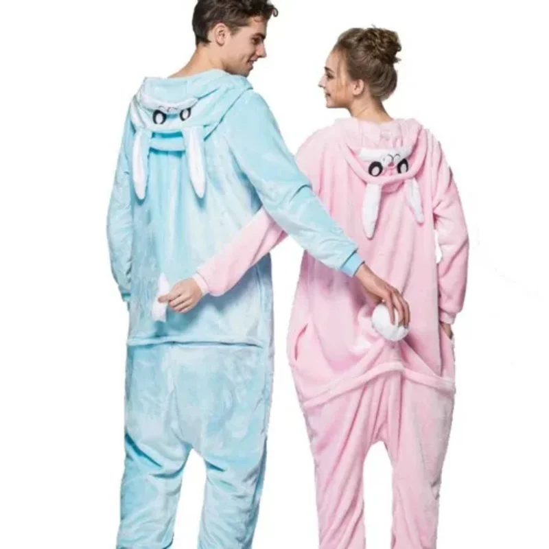 HKSNG Animal Adult 3D Kigurumi Rabbit Onesies Flannel Family Party Cartoon Pink Blue Bunny Pajamas Cosplay Costumes Sleepwear