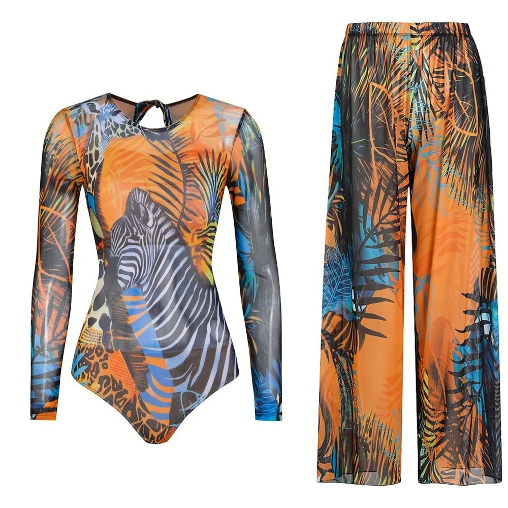 Women's Printed One-Piece Swimsuit Long Sleeve High Neck Slim Fit Quick-Dry UV Protection Beach Swimsuit With Wide Leg Brazilian