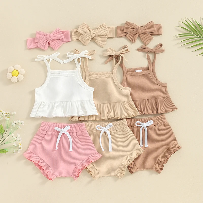 3Pcs Baby Girls Clothes Summer Outfits Solid Color Ruffled Sleeveless Camisole Tops Elastic Waist Shorts Cute Headband Set