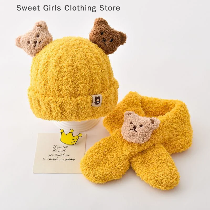 【XJY】وشاح قبعة للأطفال للفتيات والأولاد مجموعة شتوية دافئة على شكل دب كرتوني ملابس مقاومة للبرودة للأطفال وشاح قبعة بدون إطار