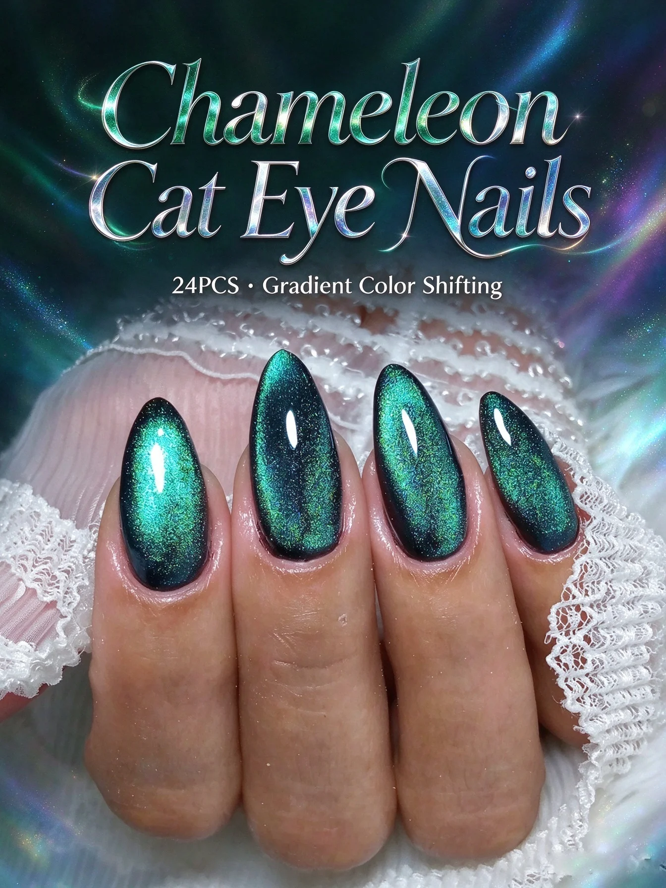 24Pcs Gradient Color Shifting Chameleon Cat Eye Press on Nails Removable Reusable Wearable Nail Art False Nail Tips