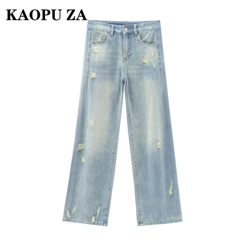 KAOPU ZA 2024 New Summer Autumn Ladies Ripped Straight Leg Jeans Vintage High Quality Classic Blue Denim Trousers