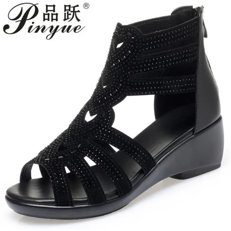 5cm Fashion Wedge Rhinestones Sandals Women Summer Shoes Elegant Rome Hollow Out Sandals Soft Bottom Wedge Heels Mom shoes 35 42