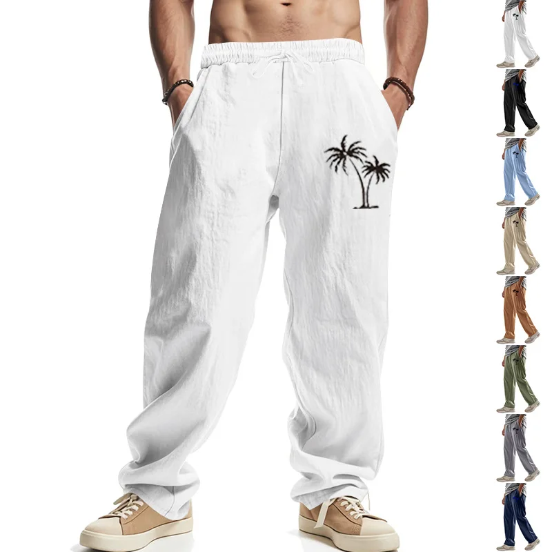 

New Men's Linen Loose Wide-Leg Breathable Casual Hawaiian Beach Coconut Tree Print Long Pants Trousers