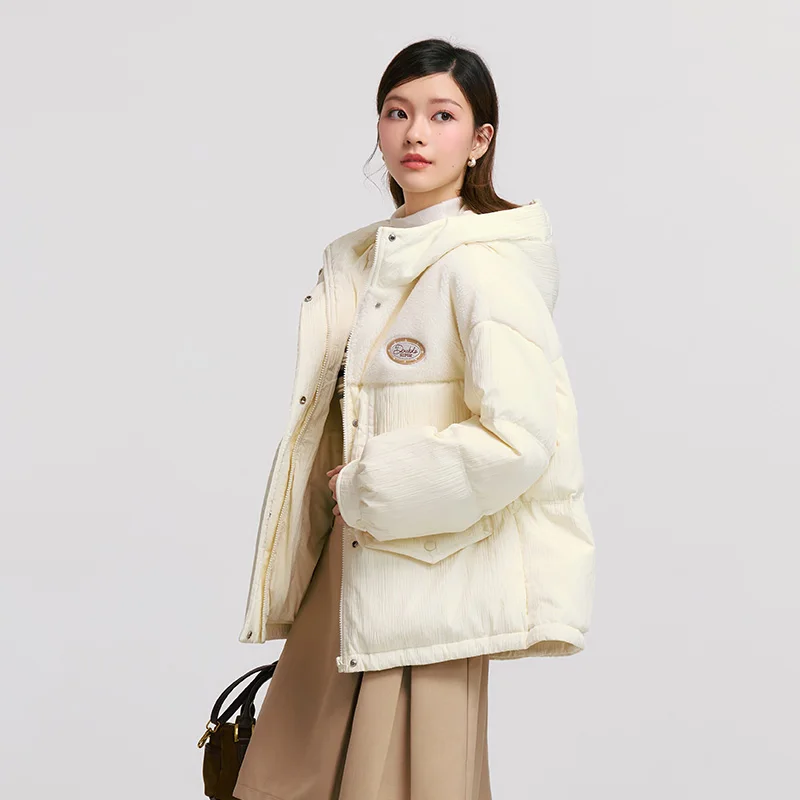 Semir Down Jacket Women Loose Spliced Imitation Lamb Wool Top Personality Winter Hooded Texture White Coat