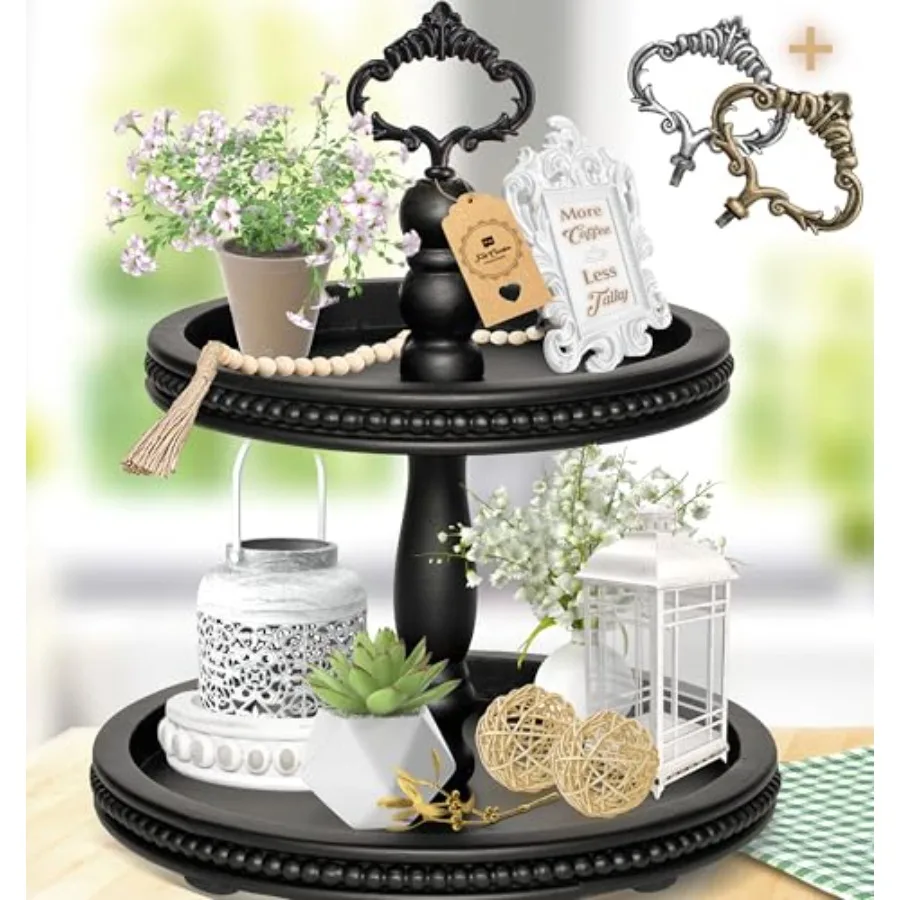 

Двухуровневый деревянный поднос для сервировки с черными ручками-фурнитурой для кухни или столовой, декор для дома, в стиле фермерского дома/кантри, малый размер B