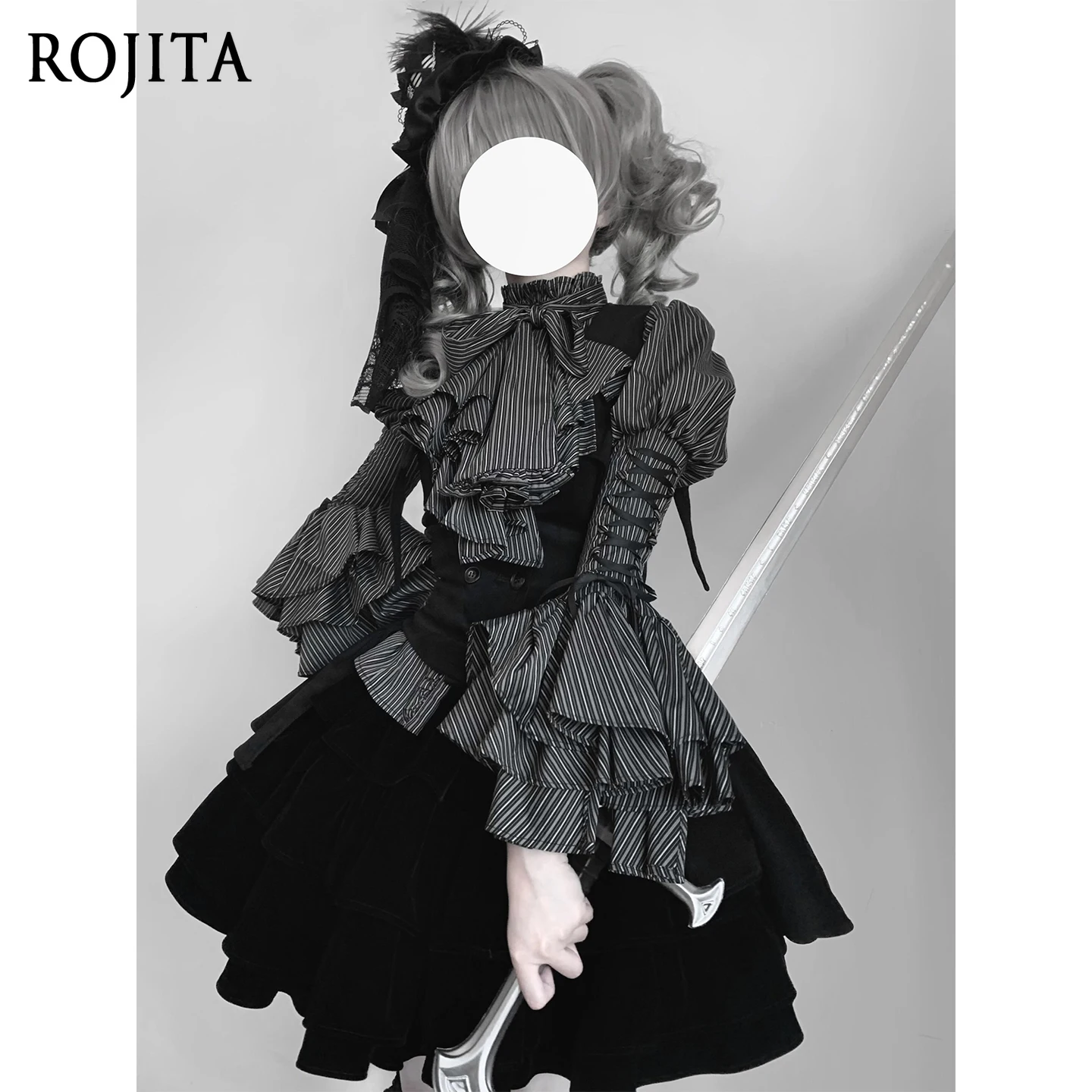 

Halloween Dark Style Lace-Up Long Sleeve Patchwork Striped Shirt Slim Vest High Waist Puffy Cake Skirt Set Gothic Lolita