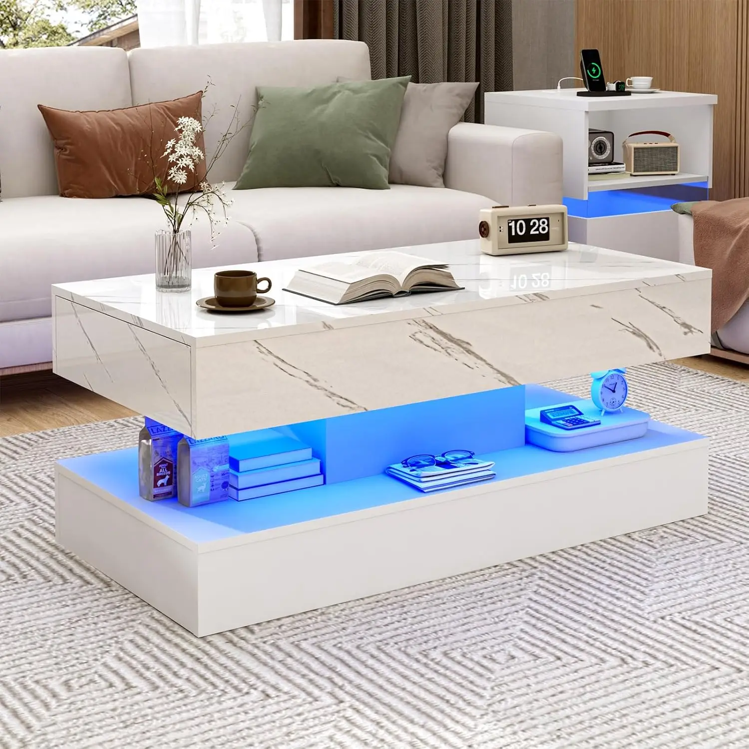 

39.4" Large High-Glossy LED Coffee Table With 2 Sliding Drawers, Living Room Storage Coffee Tables With Marbling