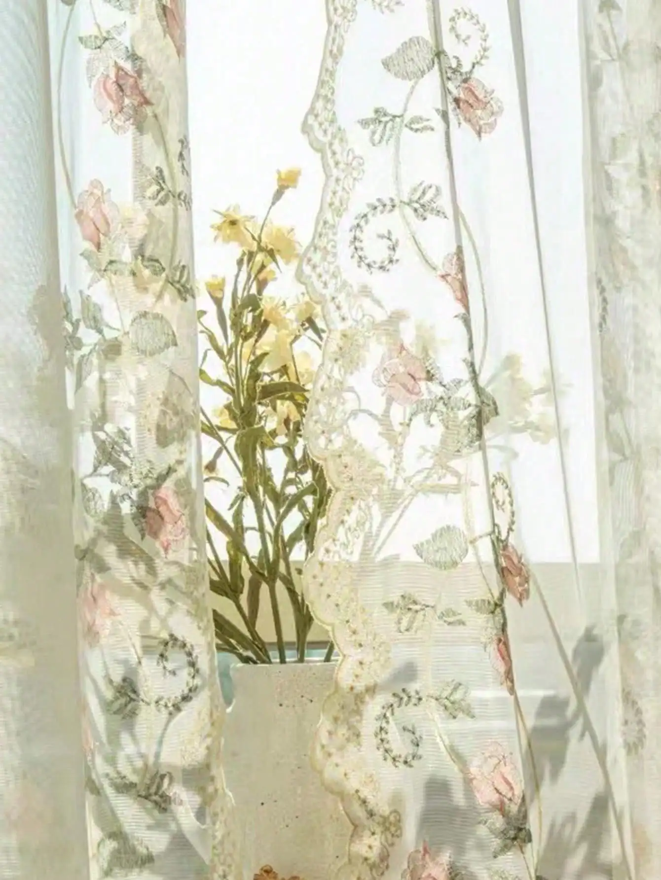 1Pc French Country High-end Rose Embroidered Curtain Sheer for Living Room Balcony Bay Window - Elegant Country Style Home Decor