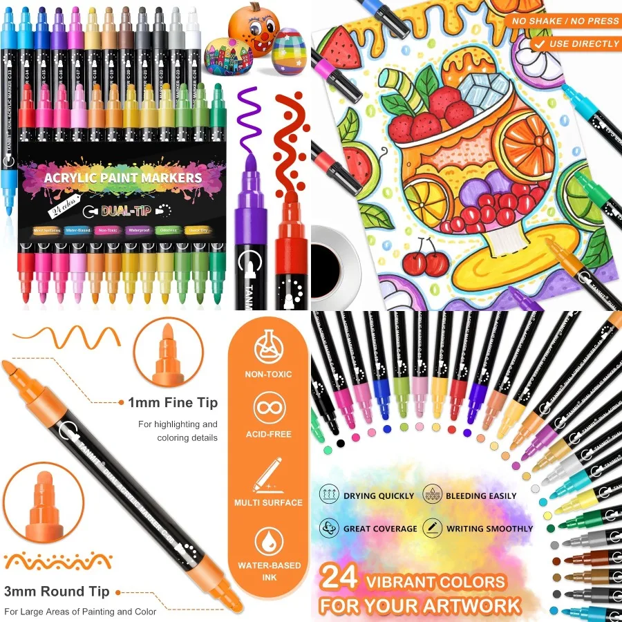 

24-цветные акриловые ручки с двойным наконечником для наскальной живописи, дерева, холста, камня, стекла, керамики, поверхности, сделай сам, ремесла, изготовление художественных принадлежностей