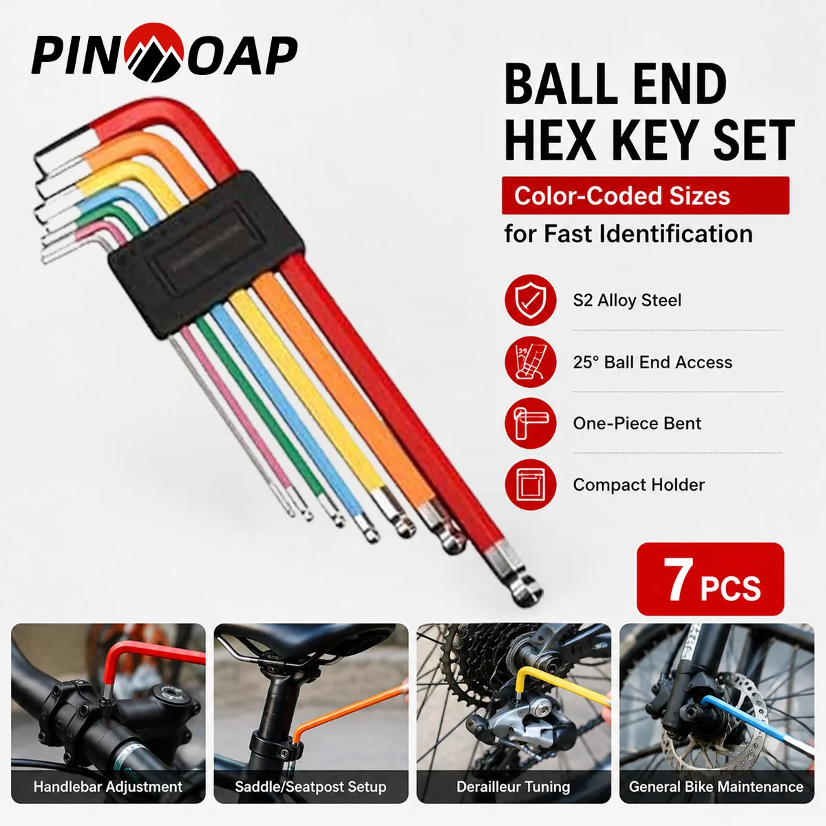 PINMOAP 7P Hex Key Set Wrench Tool Kit Long Arm L Shape Repair Tools For Bicycle Motorcycle Auto Furniture Diy Maintenance Work