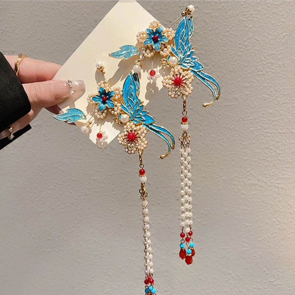 Elegant Women's Enamel Flower Tassel Hair Stick Retro Hanfu Style Dangle Chain Design Hair Accessory