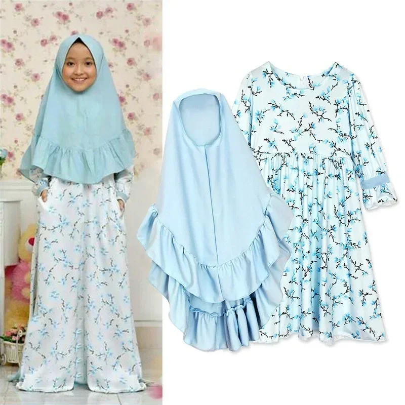 

Hijab Abaya Set for Kids 2 Piece Girls Muslim Flowers Printed Prayer Dress Headscarf Islamic Children Eid Gown Robe Dubai Caftan