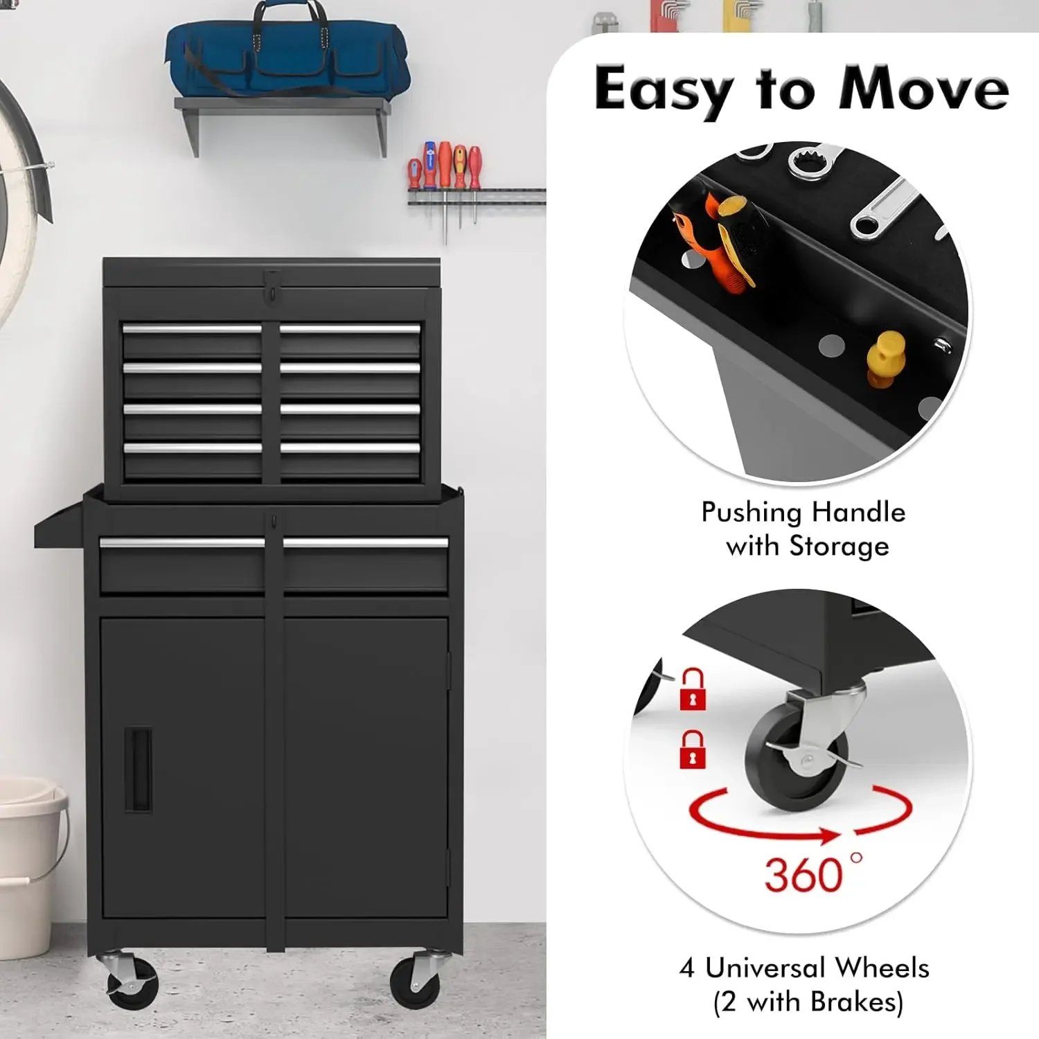 5-Drawer Rolling Tool Chest, Tool Storage Box, Removable Tool Cabinet, Sliding Metal Organizer w/Lockable Drawers Classic Black