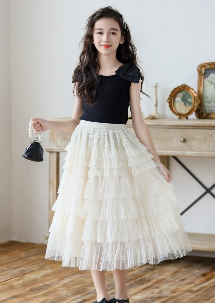 Girls Skirt 2025 Summer New Korean Girls Lace Skirt Children Fairy Mesh Cake Skirt Sweet and Versatile