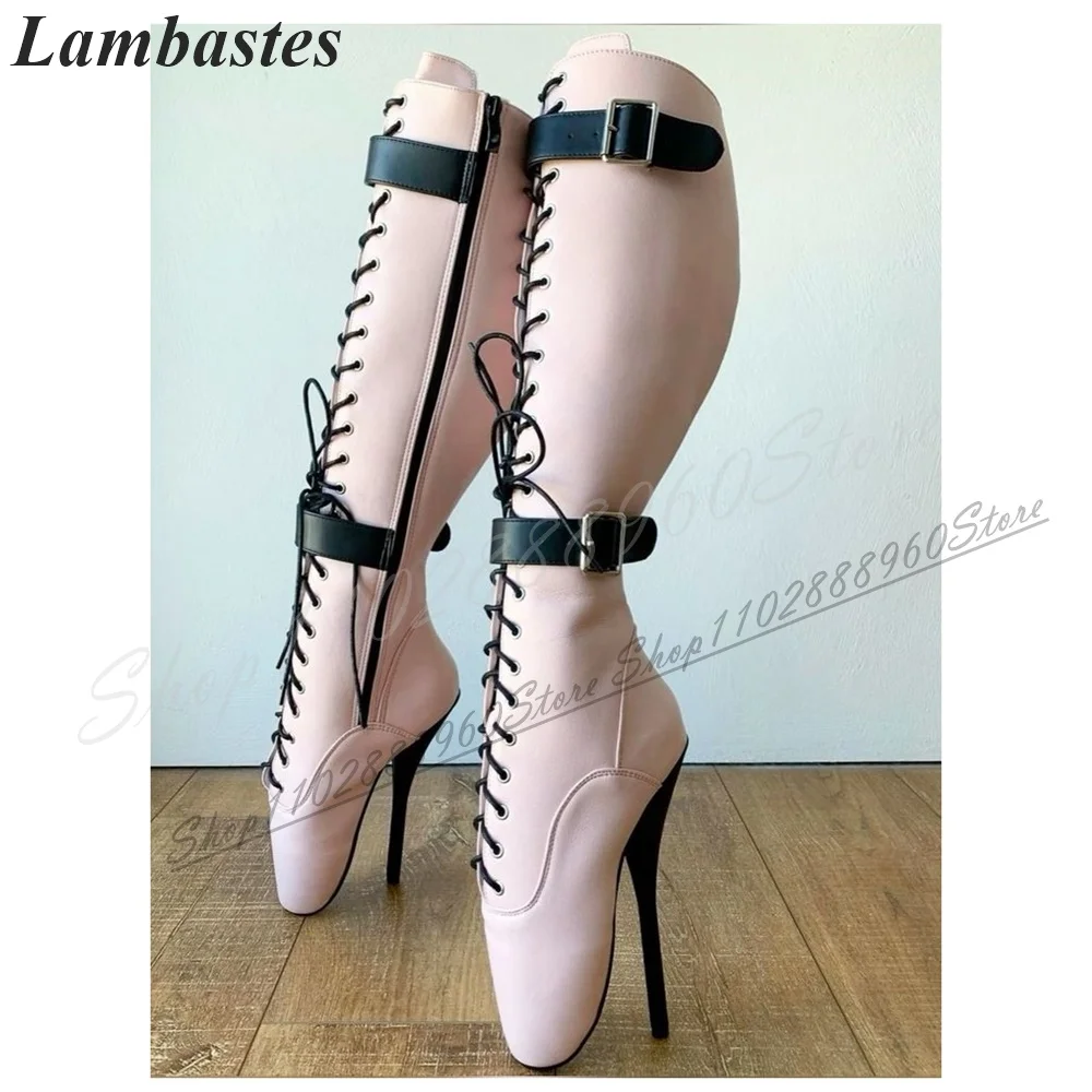 

Knee High Pink Cross Tied Buckle Strap Boots Thin High Heel Shoes For Women Side Zipper Round Toe 2024 Fashion Zapatillas Mujer