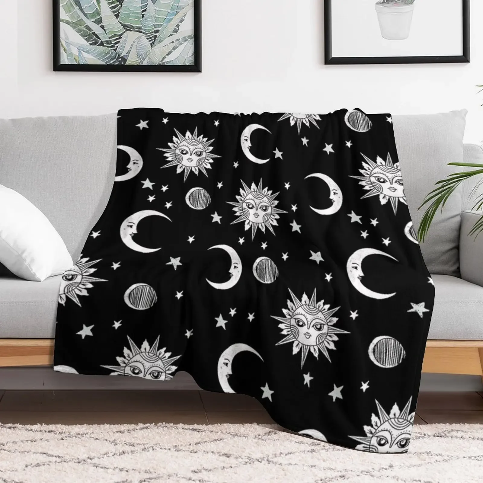 Linocut black and white sun moon and stars outer space zodiac astrology gifts Throw Blanket Sleeping Bag Thermal Polar Blankets