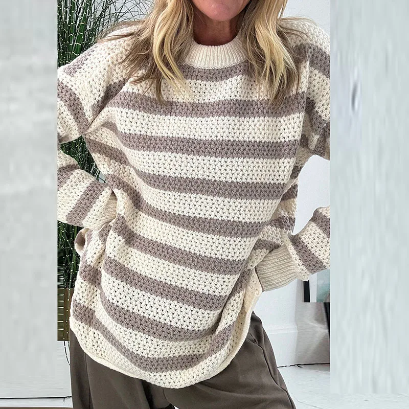 เสื้อไหมพรมคอโอพิมพ์ลายทางลำลอง แขนยาวทรงหลวม สไตล์สตรีทแฟชั่น สำหรับฤดูใบไม้ร่วงและฤดูหนาว ดีไซน์เว้าลายฉลุ