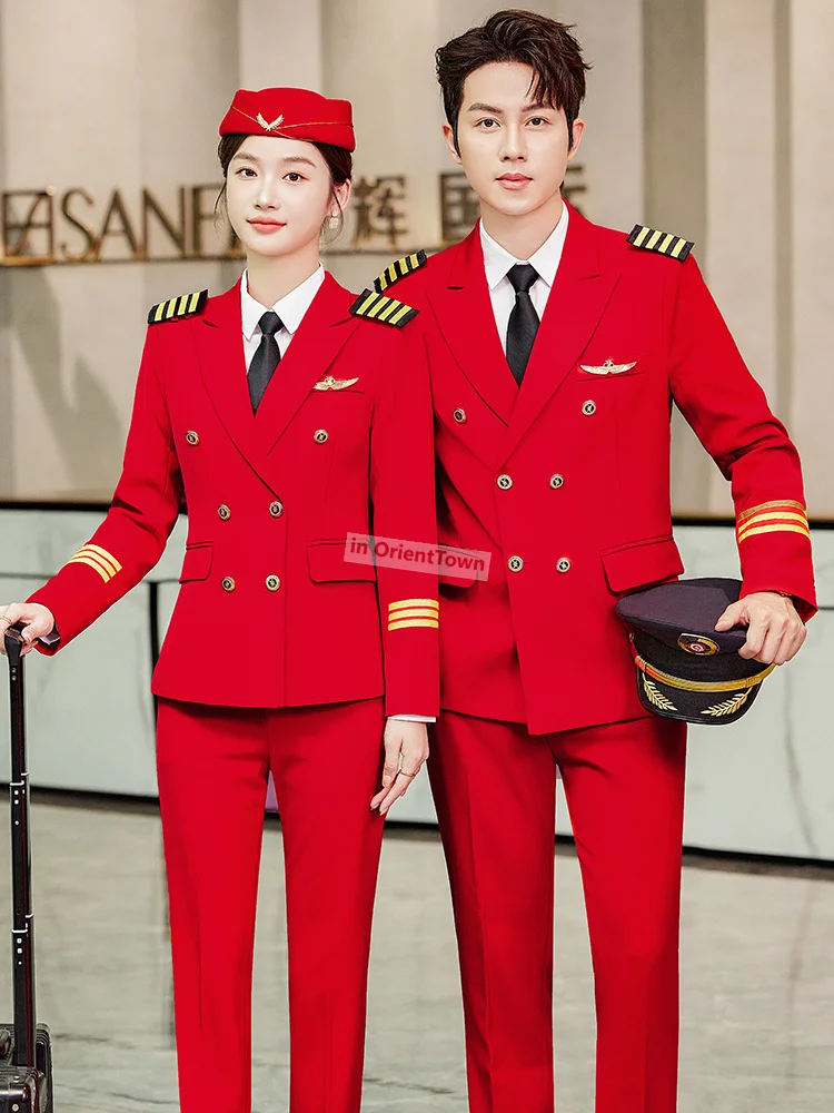 Uomo Pilot Uniform Air Captain Jacket Pants Airline Woman Top Pants Security Guard Manager Costume Fight Attendent Skirt Suit