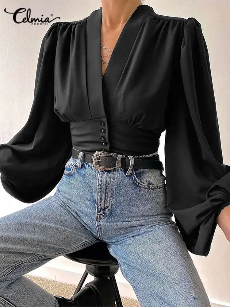 Celmia Vintage Blouses for Women 2023 Fashion Lantern Long Sleeve Buttons Front Crop Tops Sexy V-neck Shirts French Party Blusas