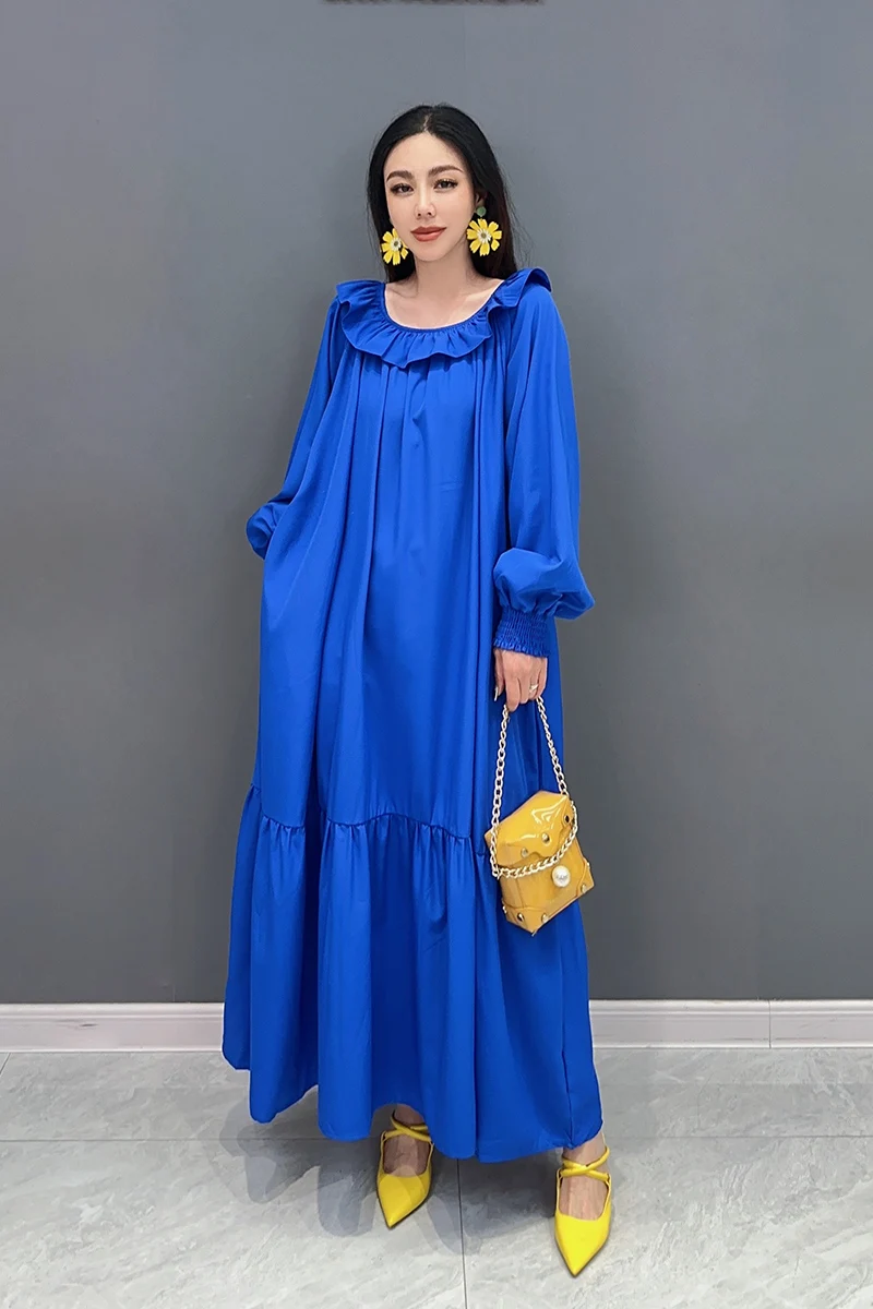 Summer 2024 New Women Folds Patchwork Ruffled Loose Long Dresses Ladies Fashion Solid Color Long Sleeve Dress Wholesale J290